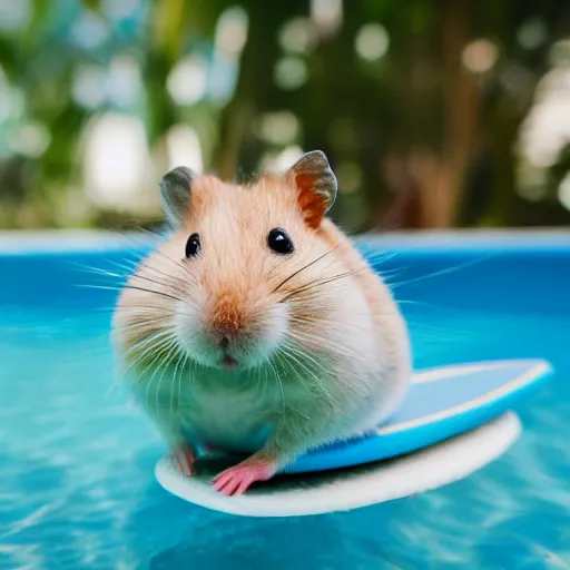 Image similar to hamster relaxing on a miniature surfboard in the pool and smiling, close up, dslr photo