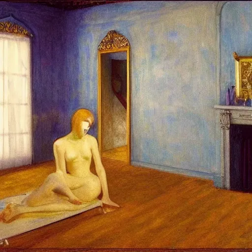 Image similar to haunted room of ivory and gold filigree, film still by edward hopper, by Bosch, by klimt, art noveau, highly detailed, strong lights, liminal, eerie, Bright pastel colors