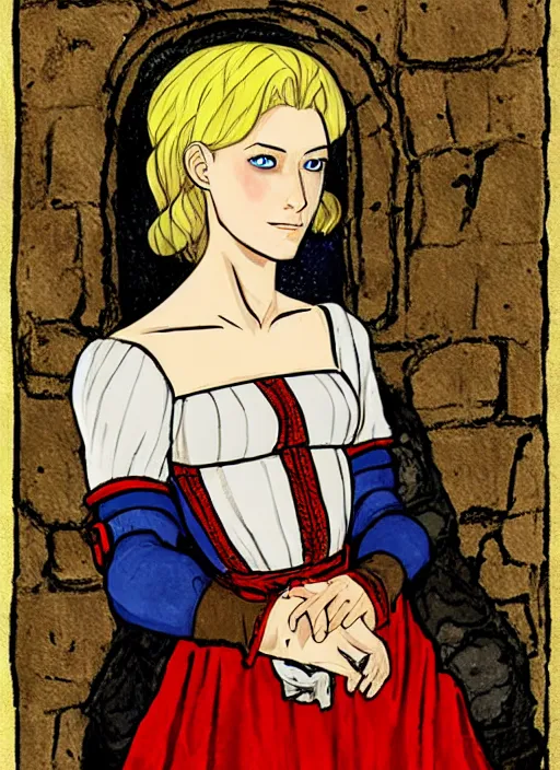 Prompt: young woman in medieval clothing, blue eyes and blond hair, a ribbon in her hair, art by ex machina,