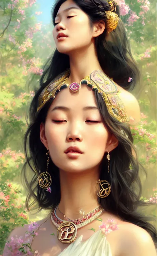 Image similar to a beautiful young charming asian goddess with sundress and jewelry | | winter, realistic shaded, unpleasant face, good looking, fine details, dior, lv, realistic shaded lighting poster by greg rutkowski, macoto takahashi, magali villeneuve, artgerm, jeremy lipkin and michael garmash