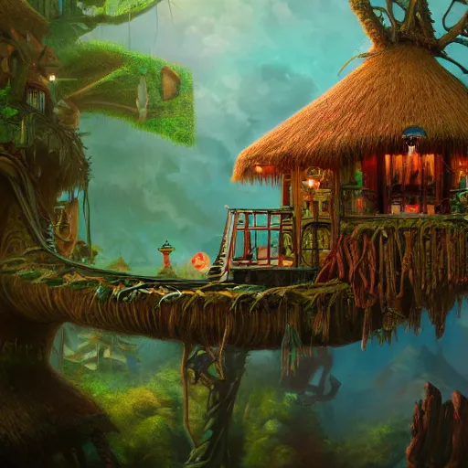 Image similar to tikipunk treehouse, fantasy oil painting, fine art, cinematic lighting, framed focus, hyperdetailed, 8k, high resolution, insanely detailed and intricate, surreal, trending on artstation, octane render