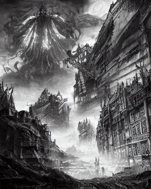 Prompt: the empty city, terrifying, evil, black and white, environment art, fantasy art, landscape art, in the style of masami kurumada, illustration, epic, fantasy, intricate, hyper detailed, artstation, concept art, smooth, sharp focus, ray tracing