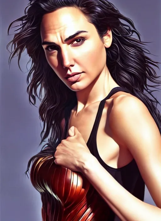 Image similar to full length photo of gal gadot in a tanktop in the style of stefan kostic, realistic, sharp focus, 8k high definition, insanely detailed, intricate, elegant, art by stanley lau and artgerm