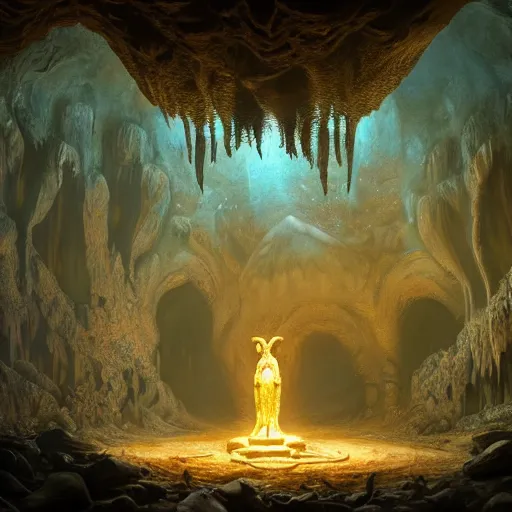 Image similar to A beautiful hyper realistic detailed matte painting of the interior of a cavern with a gold-trimmed statue of Cthulhu in the center, dramatic lighting, dynamic lighting, cinematic lighting, lit by candlelight, by John Howe and Andreas Rocha, unreal engine, featured on artstation, featured on behance, ultrawide angle, f8