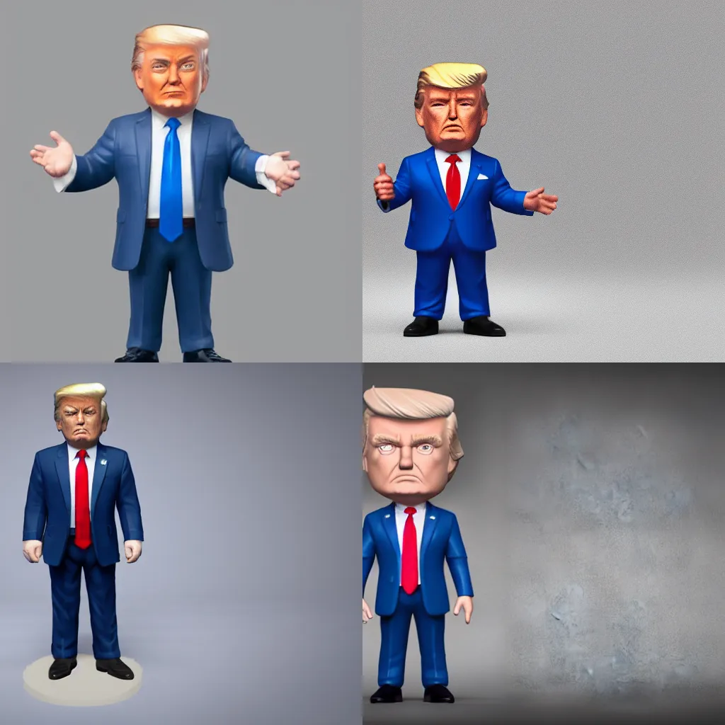 Prompt: full body 3d render of donald trump as a funko pop, studio lighting, grey background, blue suit, single person, no shadow, blender, trending on artstation, 8k, highly detailed