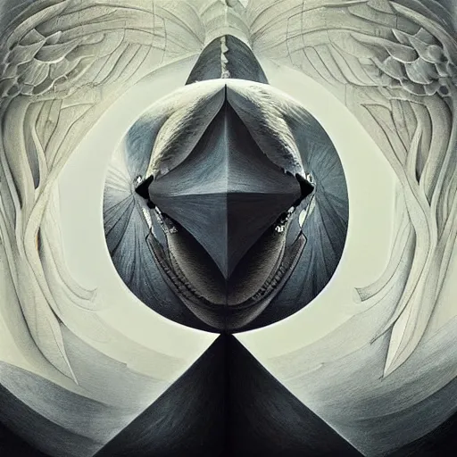Prompt: a simple white crow painting by Android Jones and M. C. Escher collaboration, futurist, digital art, dramatic lighting