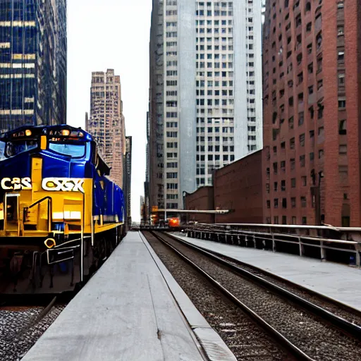 Prompt: csx locomotive running through down town manhatten