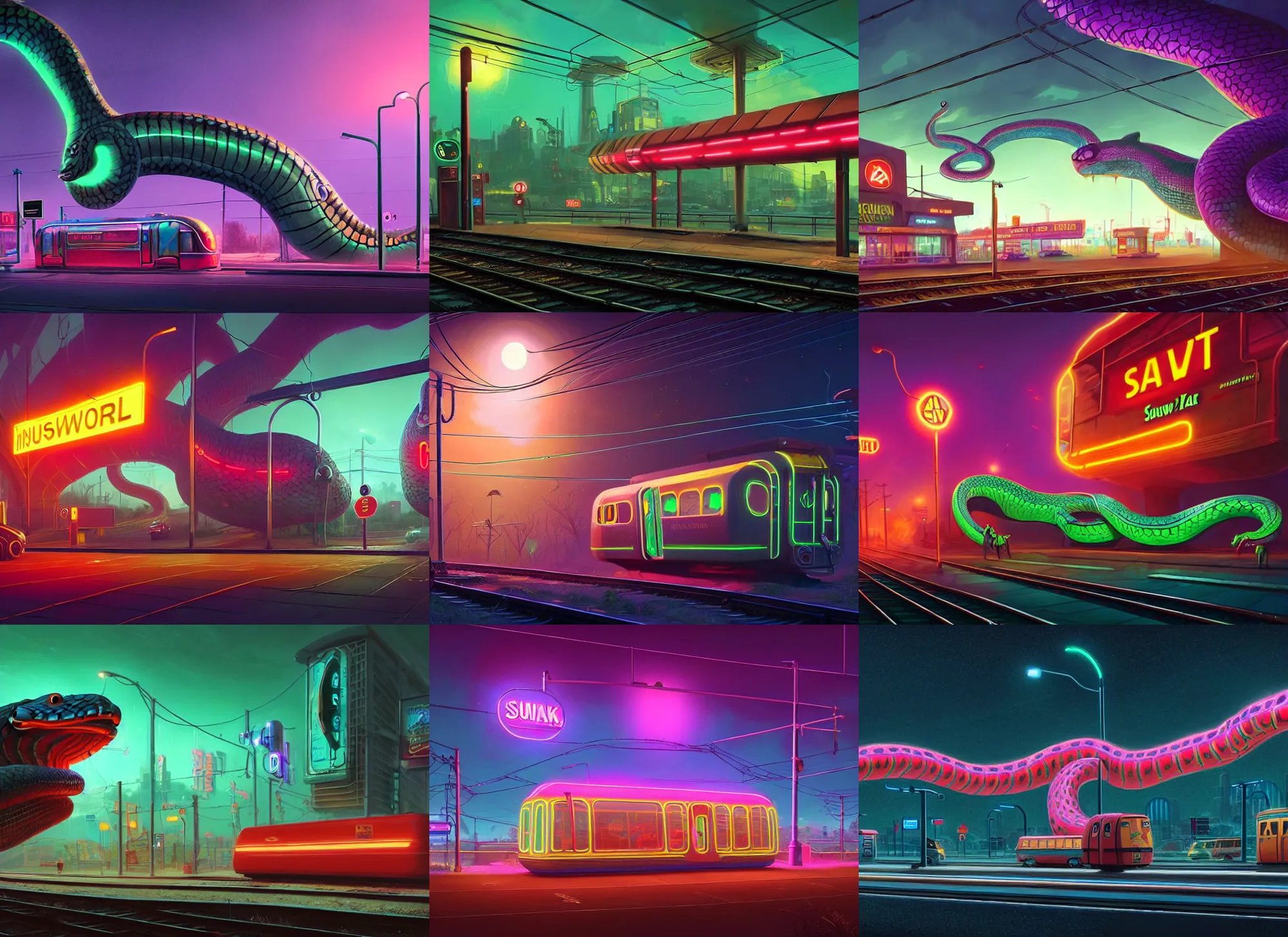 Prompt: a giant snake pulling up at the subway station. giant metal reptile with doors and windows. photorealistic fantasy art by Simon Stålenhag. neon lighting, highly saturated, 8k