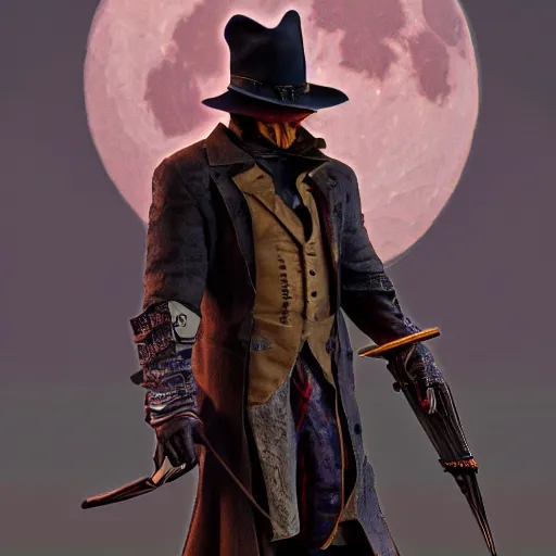 Image similar to a detailed 3 d render of darkwing duck dressed as the hunter from bloodborne, let's get dangerous, digital art, dark fantasy, concept art, soulslike, by alphonse mucha, blood moon eclipse, wherewolves in a ruined building in the background, artstation, 8 k, unreal engine render