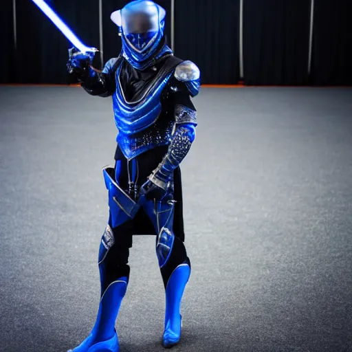 Image similar to low angle upper view of Austin Butler dressed in dark-blue-futuristic-baroque duelist-garb and carbon-armor, standing in an arena, XF IQ4, f/1.4, ISO 200, 1/160s, 8K, RAW, unedited, symmetrical balance, face in-frame