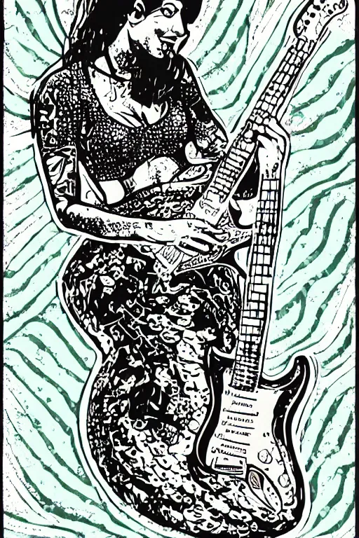Image similar to illustration of a mermaid playing an stratocaster electric guitar, 3 colour screen print