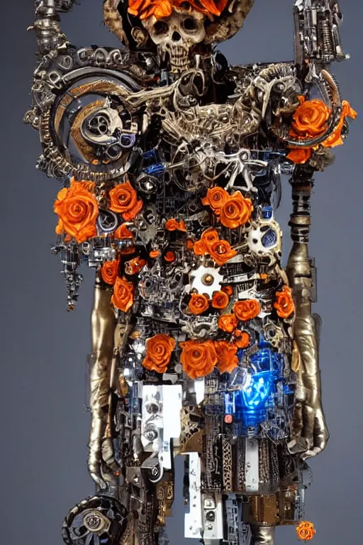 Image similar to full-body baroque and cyberpunk style sculpture of a young handsome Spanish prince half android with a chest opening exposing circuitry and a sparking motherboard, glowing blue lasert eyes, crown of mechanical gears and roses, flowing orange-colored silk, fabric, steampunk archways. baroque elements, human skull. full-length view. baroque element. intricate artwork by caravaggio. many many birds birds on background. Trending on artstation, octane render, cinematic lighting from the right, hyper realism, octane render, 8k, depth of field, 3D