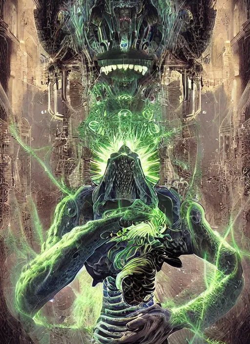 Prompt: basilisk of roko and the awakening of an ai with consciousness, surreal technological conceptual art magical cybernetic realism horro visions distopic and utopic art