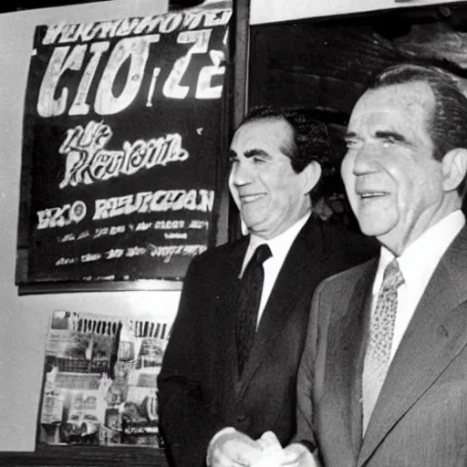 Prompt: President Nixon wearing roller skates, roller-skating in a Mexican restaurant, Mexican restaurant decorations in the background, award-winning front-page newspaper photograph, grainy