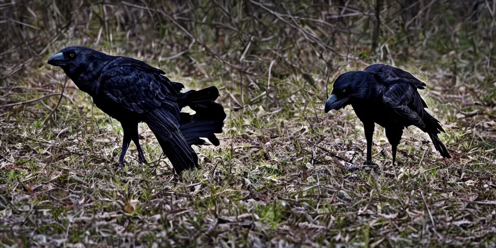 Prompt: mixture between an crow and! wolf,! single - subject, photograph captured in a dark forest