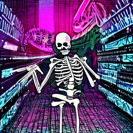 Prompt: a skeleton going ham on a synthesizer in a night club with strobe lights, vivid, detailed, outrun, synthwave, vaporwave