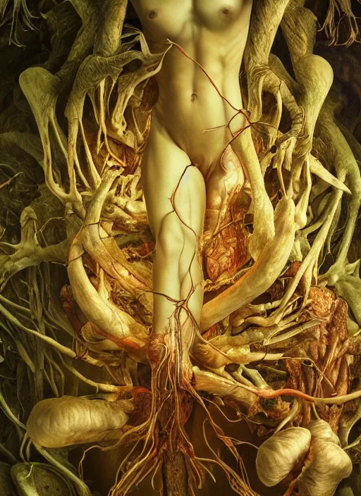 Prompt: magic mushroom with translucent skin, visible muscles and veins and arteries and bones and spines and nerves, beautiful detailed intricate insanely detailed octane render, 8k artistic photography, photorealistic, chiaroscuro, by David Cronenberg, Raphael, Caravaggio