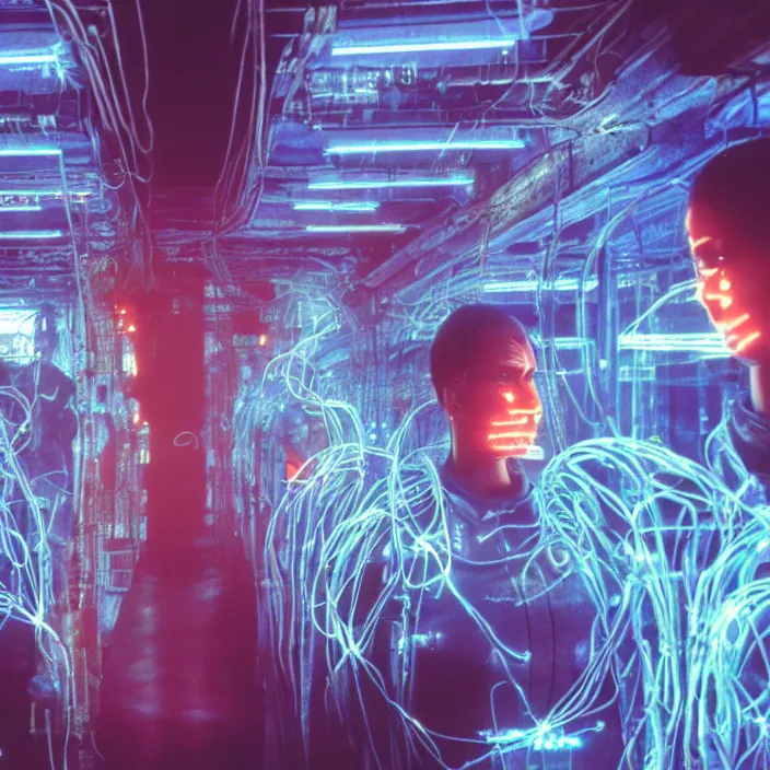 Prompt: five badly lit translucent cyborg heads with bio - luminiscent wires and neon lights lying on the shelf in the dark warehouse, sci - fi, film still from johnny mnemonic, wide lens, cinematic, 8 k