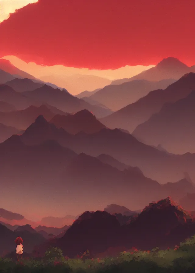 Image similar to landscape with red mountains, makoto shinkai