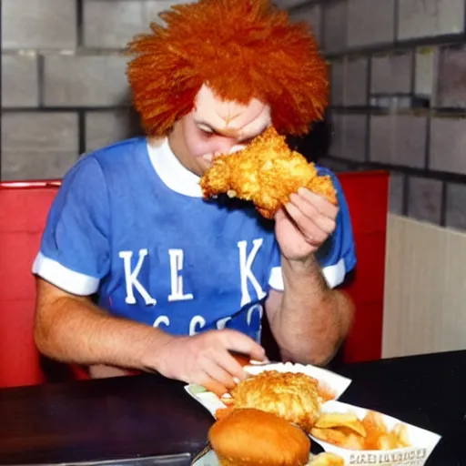 Image similar to Paparazzi Photograph of Ronald Mcdonald eating Kentucky Fried Chicken at Burger King