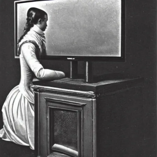 Image similar to 1 7 0 0 s photo of a person watching a flat screen hd tv