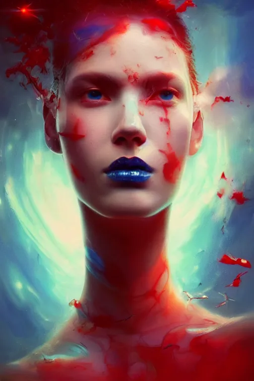 Image similar to 3 d, sci - fi, morning, sleepy fashion model face, sun, cinematic, lightning clouds, vogue cover style, poster art, light red and deep blue mood, realistic painting, intricate oil painting, high detail, figurative art, multiple exposure, poster art, 3 d, by tooth wu and wlop and beeple and greg rutkowski