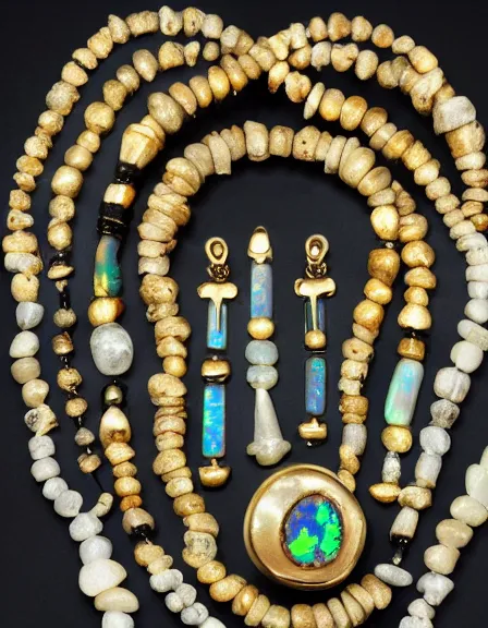 Prompt: 1 1 0 million years old opal and bones along some jewellery made of gold over black velvet