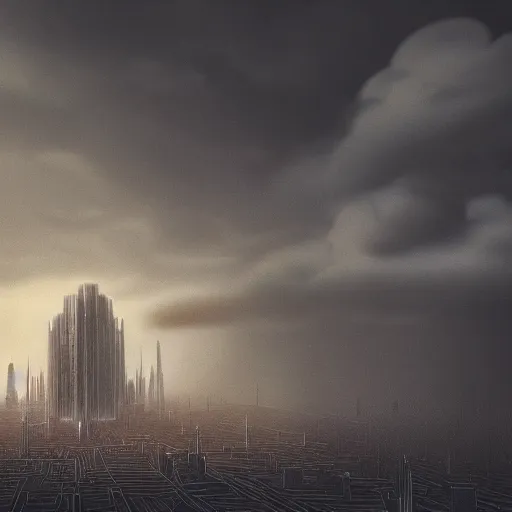 Prompt: a single enormous ominous building that reaches into the clouds, dark and atmospheric, ground view, megalaphobia, 8k, intricate detail, trending on artstation