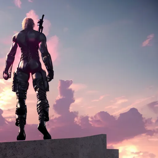 Image similar to 4K HD, unreal engine, metal gear, octane render : (subject= Sundowner from Metal Gear video game + subject detail= man wearing a pink dress, male body proportions)