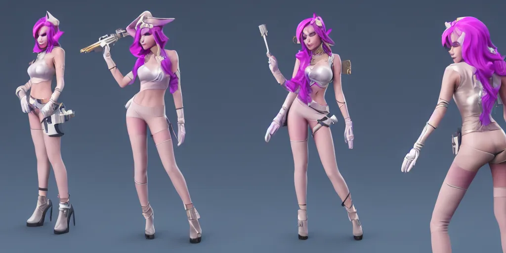 Prompt: character sheet of KDA Miss Fortune from League of Legends. Miss fortune has two small shotguns. Pastel colors, 3d render, 8k resolution, octane render
