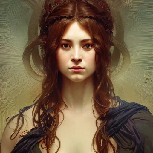 Image similar to portrait of angry goddess, intricate, elegant, highly detailed, digital painting, artstation, concept art, smooth, sharp focus, illustration, art by artgerm and greg rutkowski and alphonse mucha and william - adolphe bouguereau