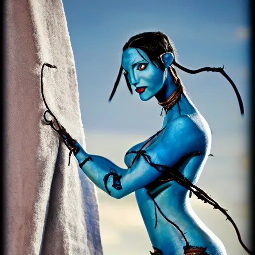 Image similar to a blue - skinned female navi from avatar wrapped in barbed wire suspended in the air, cosplay, body paint, high resolution film still, hdr color, movie by james cameron