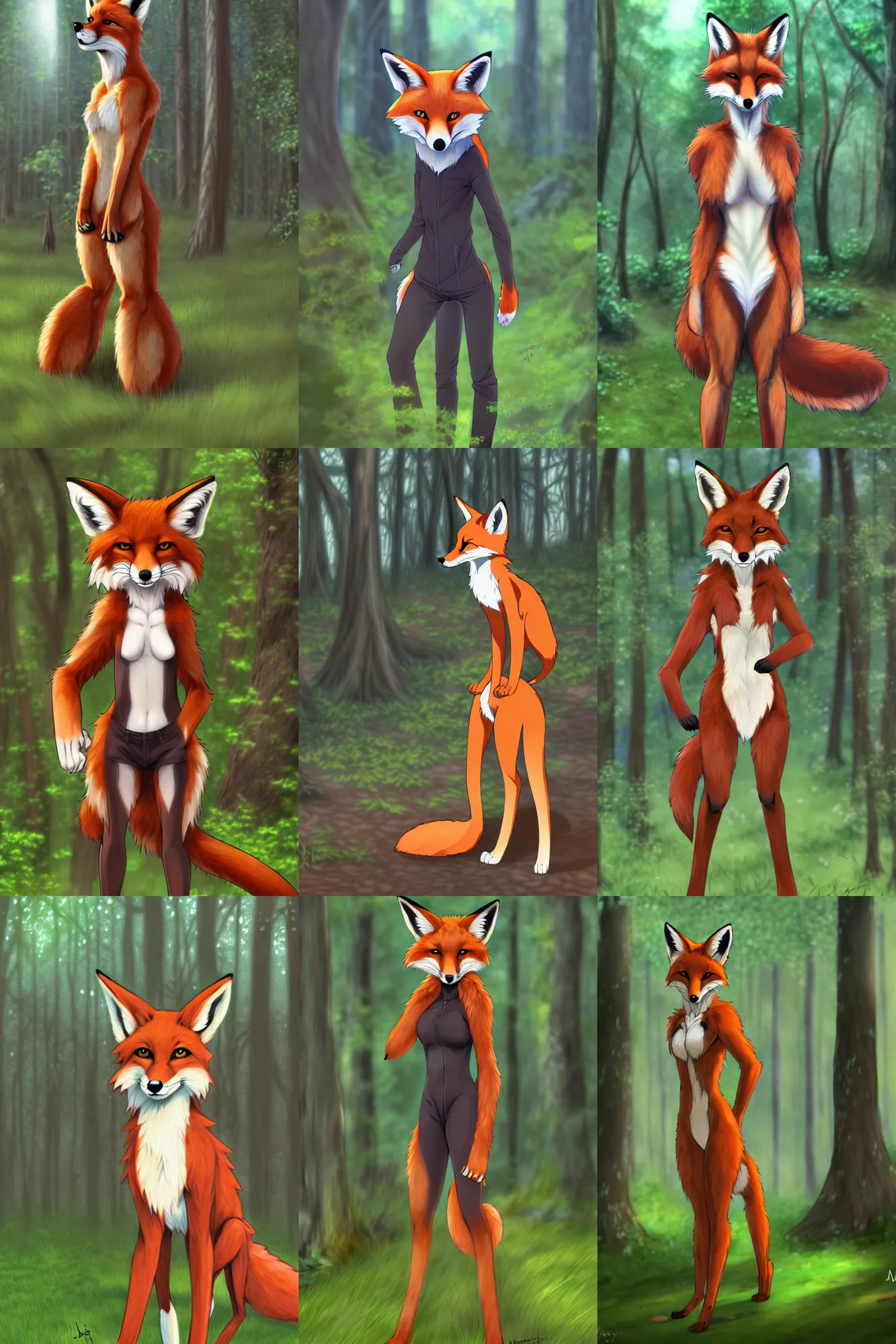 Prompt: furry art, anthro digitigrade fox standing in a forest, fursona commission, photorealistic, extremely detailed, anime key visual, pixiv, makoto shinkai, hibbary, dark natasha, goldenwolf, furaffinity, portrait