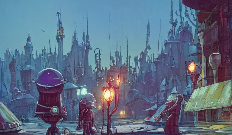 Prompt: fantasycore. magic the gathering art. street view of 1950s machinarium cityscape at night by Phillipe Drulliet and Roger Dean and Moebius. cute gigantic 1950s robots. cel-shaded. glossy painting.