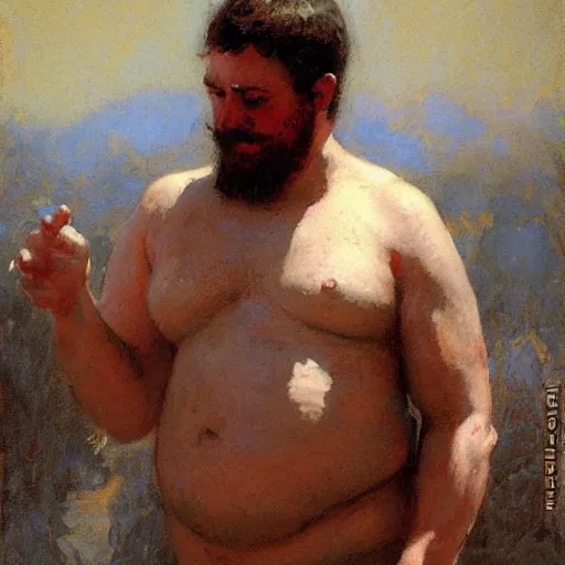 Image similar to a man with a flabby body type, painting by Gaston Bussiere, Craig Mullins