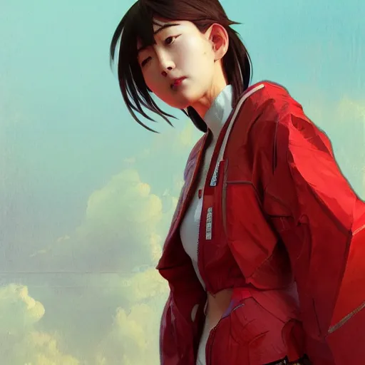 Image similar to full body long shot of Japanese female wearing red futuristic jacket and shorts, highly detailed, digital painting, artstation, concept art, sharp focus, illustration, art by greg rutkowski and alphonse mucha