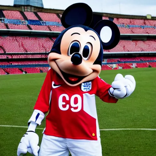 Image similar to a mickey wearing england soccer team shirt.