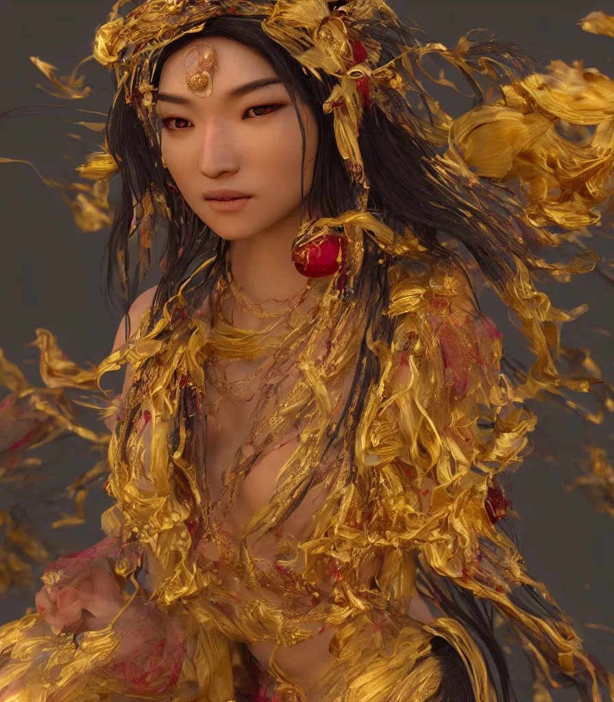 Image similar to closeup photoshoot of asian goddess of bliss and honey, silk flowing in wind, totemic ritualistic tarot sigils embedded in ruby skin, photoreal, unreal engine, redshift render, trending on artstation