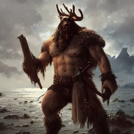 Prompt: anthropomorphic moose barbarian humanoid by greg rutkowski, pirate ship, sea, fantasy