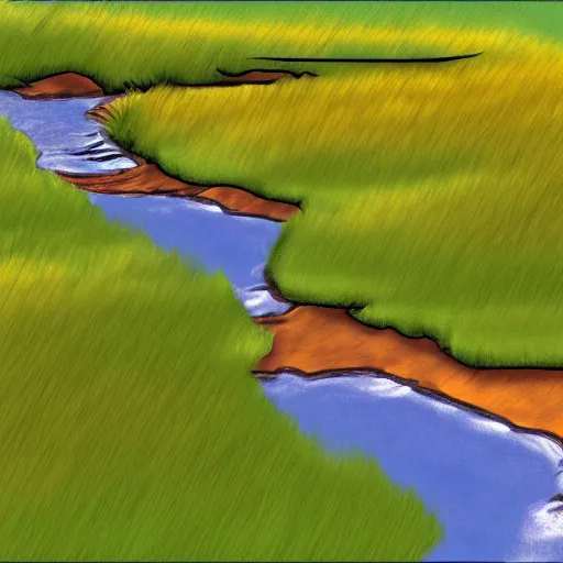 Image similar to digital art painting of a river running through the plains, very mediocre, not detailed at all.