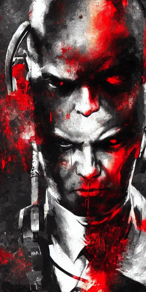 Image similar to a portrait of agent 4 7 from hitman wearing headphones, dark background, red rim light, digital art, artstation, art by yoji shinkawa