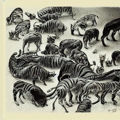 Image similar to “ bernie wrightson ” feline anatomical drawing veterinary herd of cats meadow 1 0 2 4 x 1 0 2 4