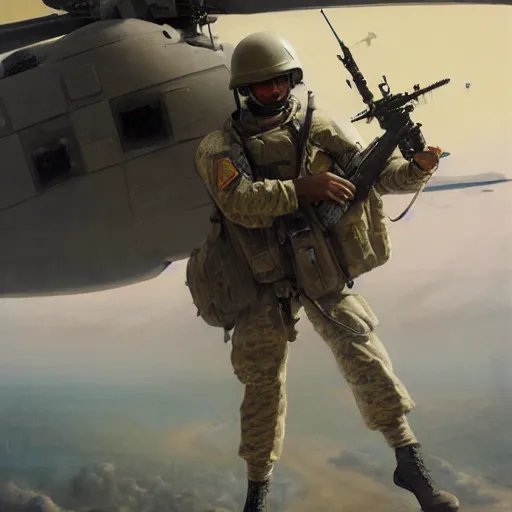 Prompt: a painting of a deploying soldier from a helicopter in the gulf war by Bernardo Bellotto, high detail, hyperrealistic, concept art, artstation, 8k