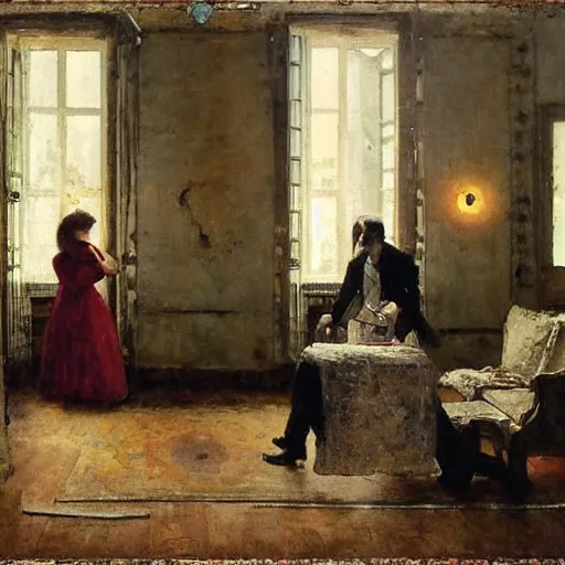 Image similar to a man and a woman solving an escape room puzzle alfred stevens