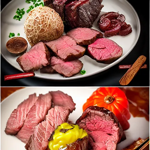 Prompt: d20 made of meat, dnd, dice, die, steak, beef, oily, glisten, juicy, gaming, in the style of food photography, food stylist, japanese restaurant menu picture,