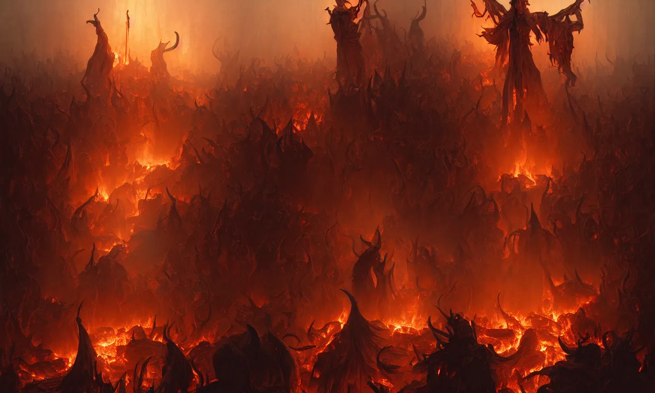 Image similar to Purgatory, fire in hell. A crowd of sinful people is burning in hell in hellfire. The gateway to the infernal underworld. Devils demons and ghouls torment sinful people, highly detailed, digital painting, artstation, concept art, smooth, sharp focus, illustration, art by artgerm and greg rutkowski and alphonse mucha