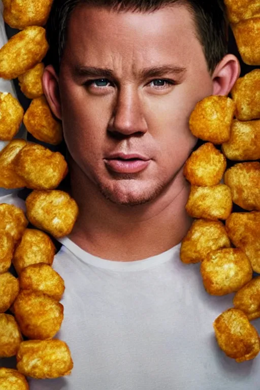 Image similar to channing tatum in a tater tot costume, oil on canvas, intricate, 8 k highly professionally detailed, hdr, cgsociety