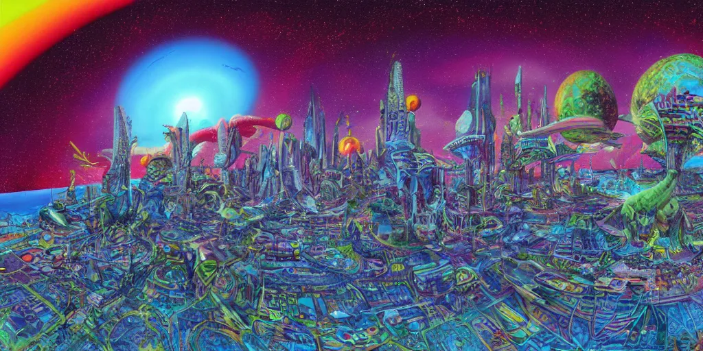 Prompt: a psychedelic retro sci fi city in space by roger dean equirectangular projection