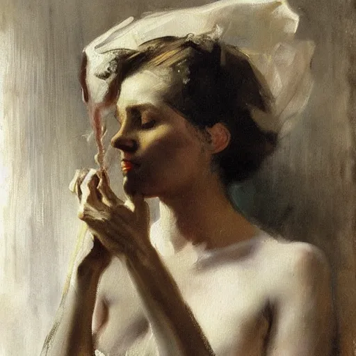 Image similar to anders zorn painting of a beautiful woman with a melting face smoking