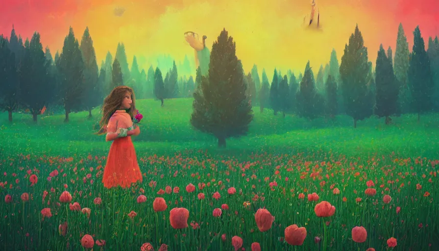 Image similar to girl with a giant flower head, surreal photography, dream, standing in flower field, hills, big trees, sunrise dramatic light, impressionist painting, colorful clouds, digital painting, pointillism, artstation, simon stalenhag, flower face